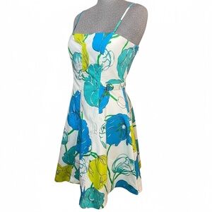 Y2K Nine West Blue Green Floral Fit & Flare Belted Spaghetti Strap Dress
